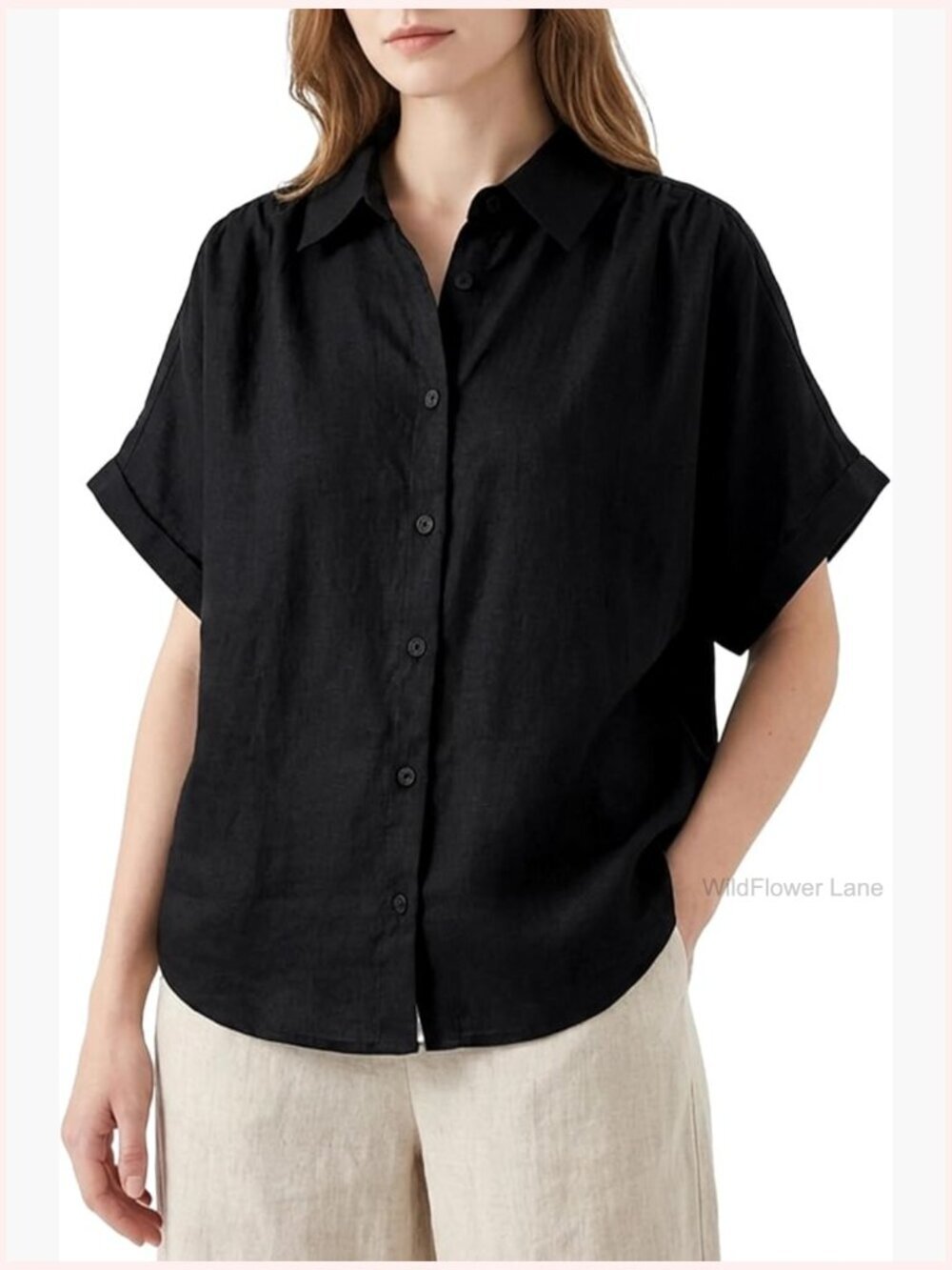 100% Linen Short Sleeve Button Down Blouse Summer Relaxed Fit